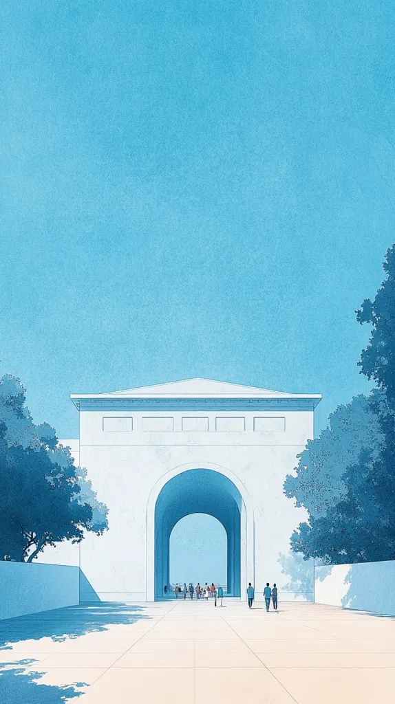 The image depicts a large, white archway with a blue sky above. Several people walk through the archway, and there are trees on either side. The scene is rendered in a minimalist style with a blue and white color palette. The image is calm and peaceful, creating a sense of serenity.