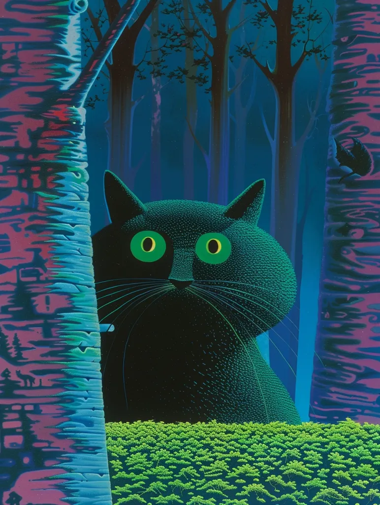 The image depicts a black cat with large green eyes peering out from behind a tree trunk. The cat's fur is a deep, dark blue, almost black, and its whiskers are long and prominent. The background is a forest of trees, with the trunks appearing as vertical lines of color in various shades of blue and purple. At the bottom of the image, a field of green grass provides a contrasting color against the darker tones of the cat and the trees. The overall effect is one of mystery and intrigue, as if the cat is observing something beyond the frame of the image.