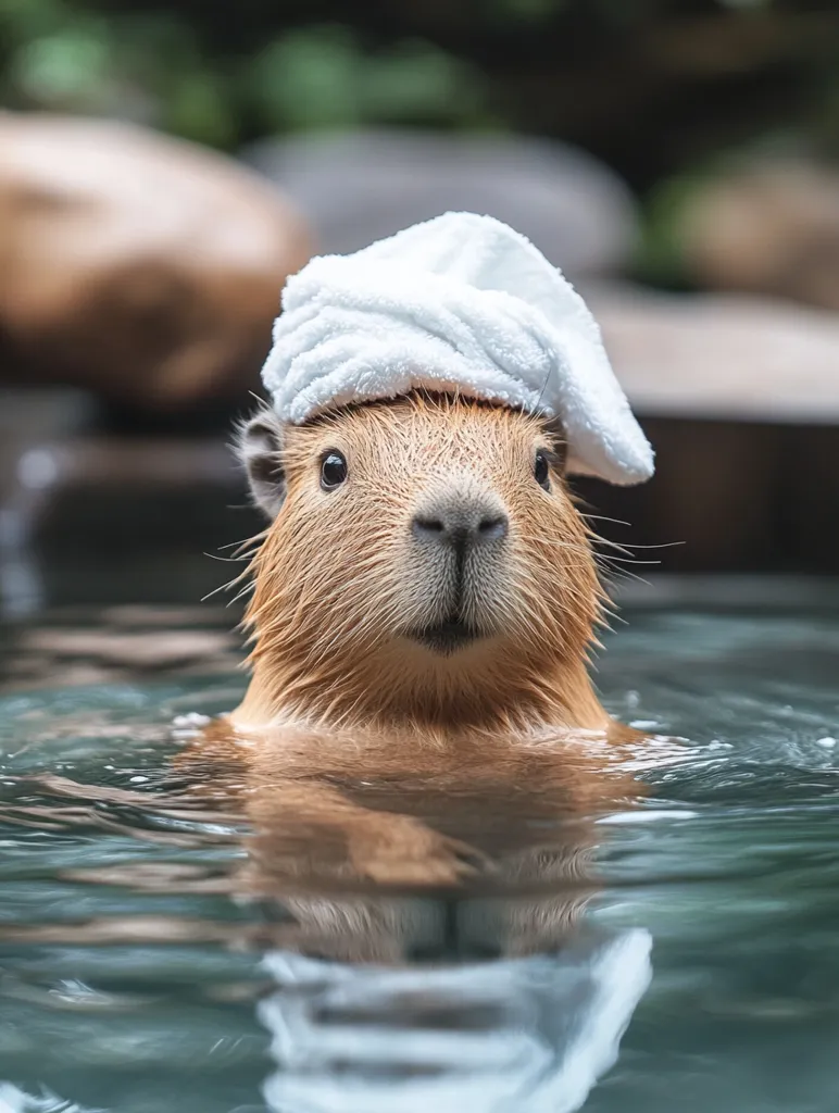 A capybara, wearing a white towel on its head, is submerged in a pool of water. The capybara's face is visible above the waterline, and its fur is wet. The animal's eyes are focused on the camera, giving the impression of a relaxed and content state. The surrounding environment is out of focus, emphasizing the capybara as the main subject. The image evokes a sense of tranquility and perhaps a humorous comparison to a human taking a spa day.