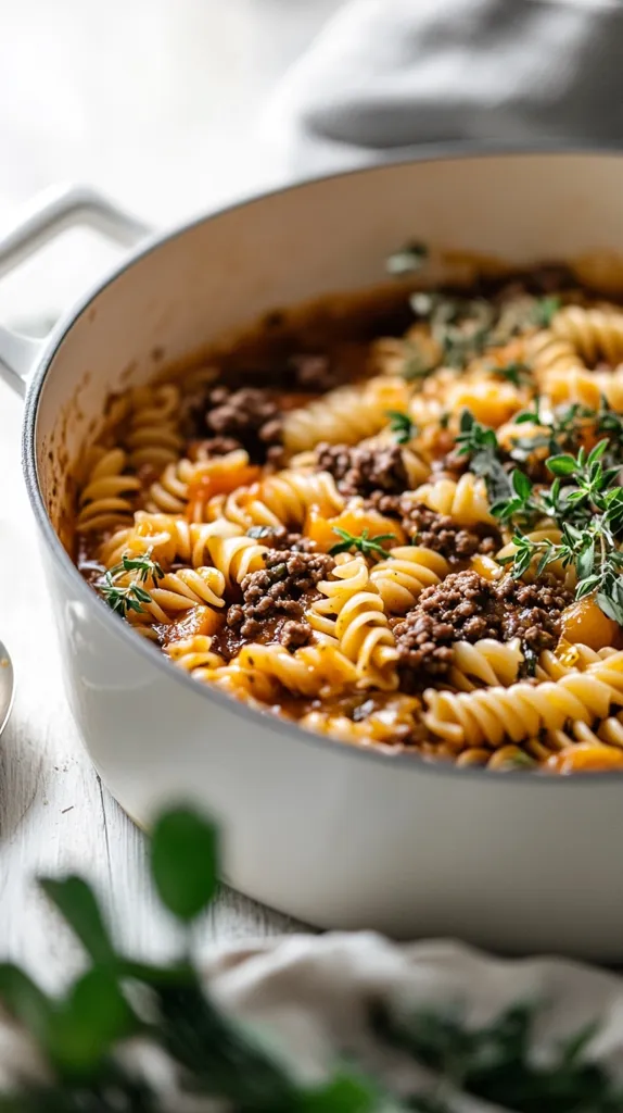 A white pot filled with a hearty pasta dish. The pasta is cooked al dente and mixed with ground beef, a rich tomato sauce and fresh herbs. It appears to be a comforting and delicious meal.  The pot sits on a white wooden surface,  with a white napkin and fresh green herbs in the foreground.