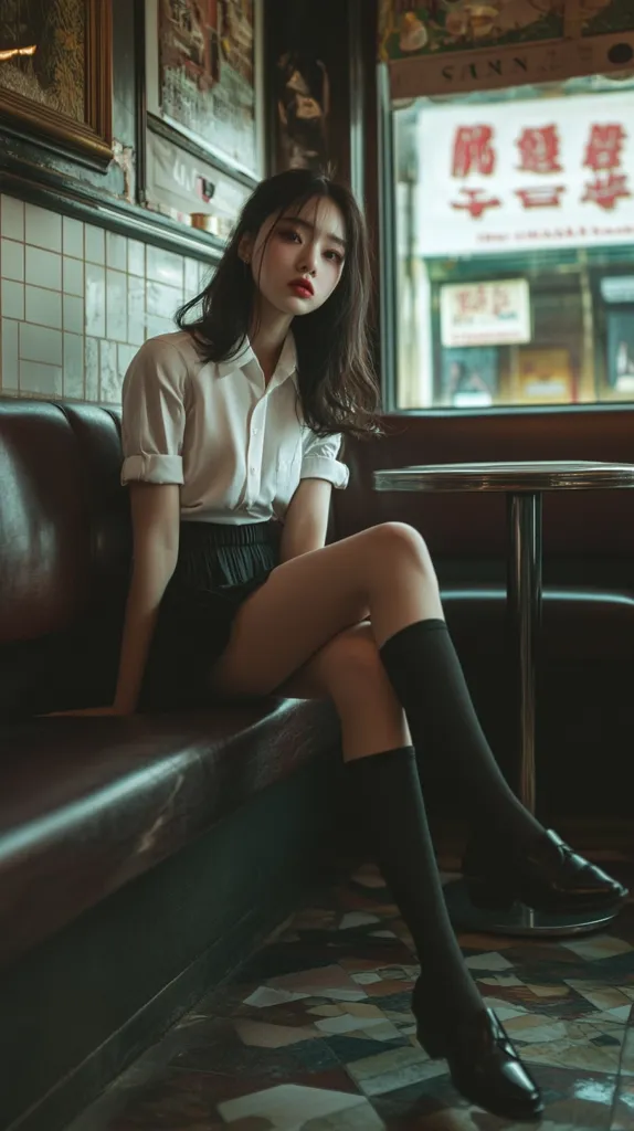 A young woman with dark hair sits on a leather couch. She wears a white button-down shirt, a black skirt, knee-high black socks, and black loafers. Her right leg is stretched out towards the camera, while her left leg is bent at the knee. Her face is illuminated by a soft, natural light, while the rest of the image is darker, creating a sense of intimacy. The room is dimly lit, with a small table in the background. The image captures a sense of quiet contemplation and introspective thought.