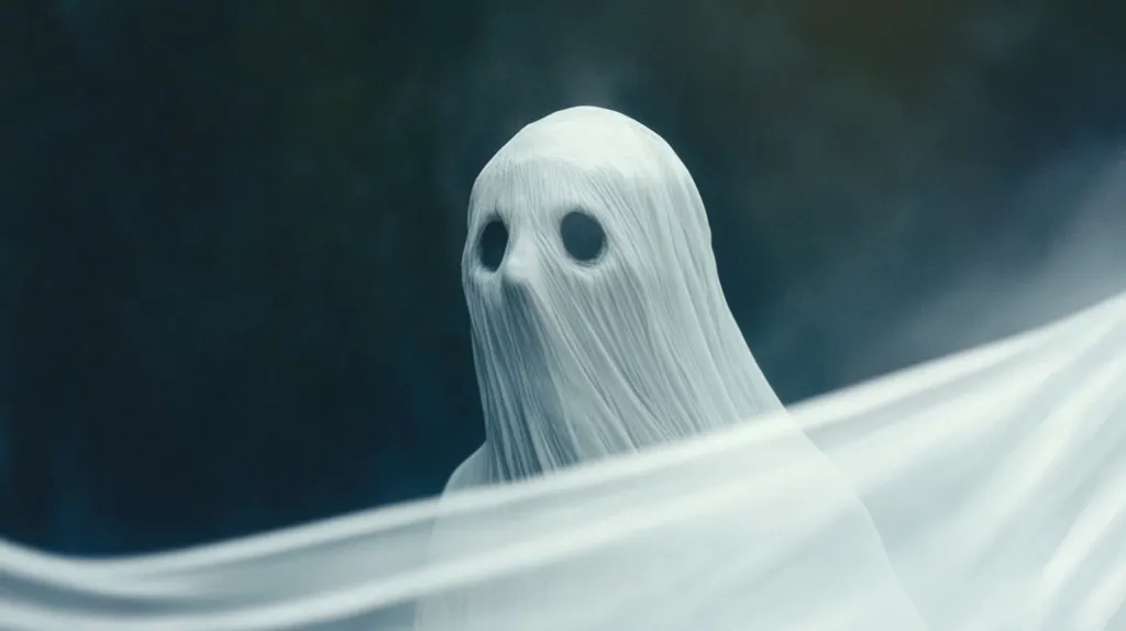 A ghostly figure shrouded in white fabric stands against a dark, blurred background. The figure's face is obscured, leaving only two large, black eyes visible. The fabric billows around the figure, creating an ethereal and unsettling atmosphere. The image suggests a sense of mystery, fear, and the unknown.