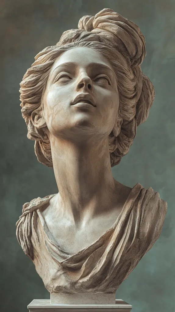 A detailed bust of a woman with an intricate hairstyle, sculpted in a realistic style. The woman has a serene expression, her eyes closed as if in contemplation. The bust is made of a smooth, light brown material, possibly stone or plaster, showcasing the artist's skill in capturing the beauty of the human form.  The draped fabric of her garment adds a sense of elegance and movement.