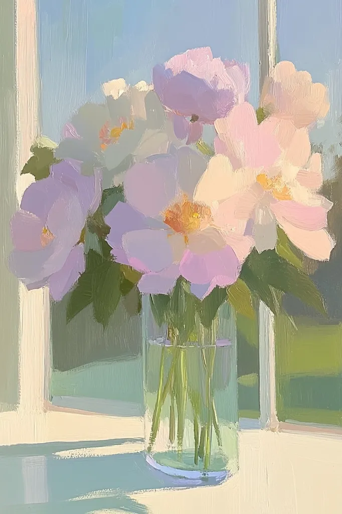 A still life painting of a bouquet of delicate pink and purple flowers in a glass vase, set against a soft, blurred backdrop of a window and a green landscape. The artist has used loose brushstrokes to capture the subtle shades and textures of the flowers. Light streams in through the window, creating a sense of peaceful tranquility.