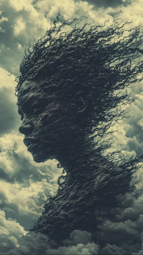 The image depicts a silhouette of a woman with long, flowing hair against a backdrop of cloudy sky. Her hair appears to be made of dark, swirling clouds, merging with the sky, creating a surreal and otherworldly atmosphere. The woman's face is partially obscured by her hair, but a hint of her features can be seen, suggesting a sense of mystery and intrigue. The overall composition is striking and enigmatic, leaving viewers to interpret the meaning behind the image.