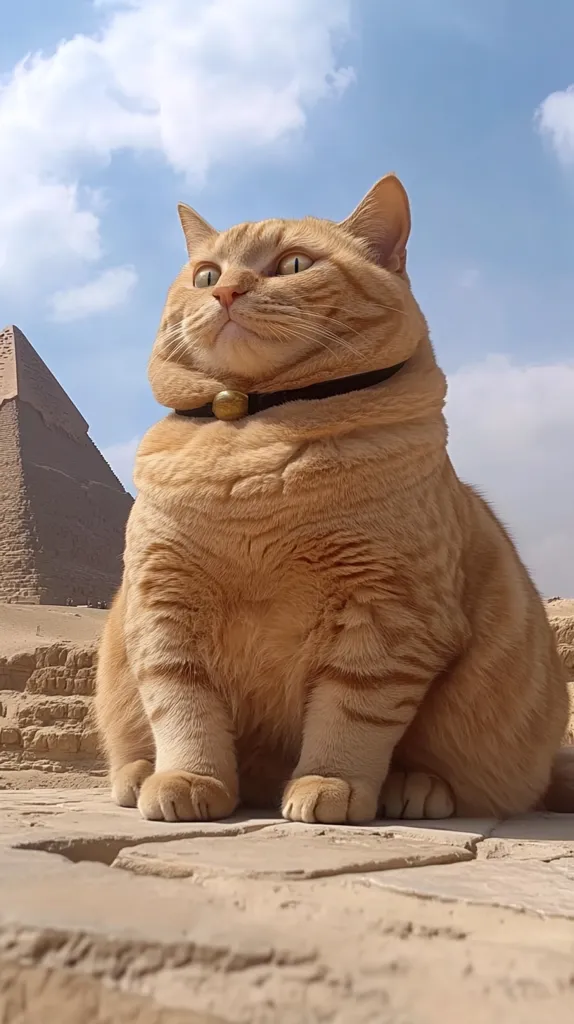 A fluffy orange tabby cat with a black collar and a golden bell sits on the ground in front of a large pyramid. The cat has wide, surprised eyes and is looking up at something off-camera. The background is a clear blue sky with white clouds.  The cat seems to be enjoying its time in the sun.