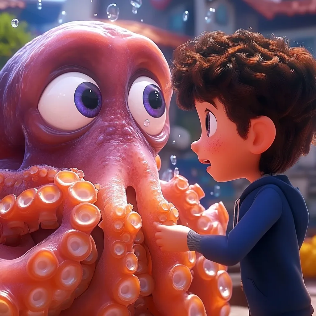 A large, pink octopus with big, expressive eyes looks at a young boy with brown hair and a blue hoodie. The boy is touching the octopus's arm and has a surprised expression on his face. Water droplets are falling from the sky, creating a whimsical atmosphere. The scene suggests a friendly interaction between the boy and the octopus.