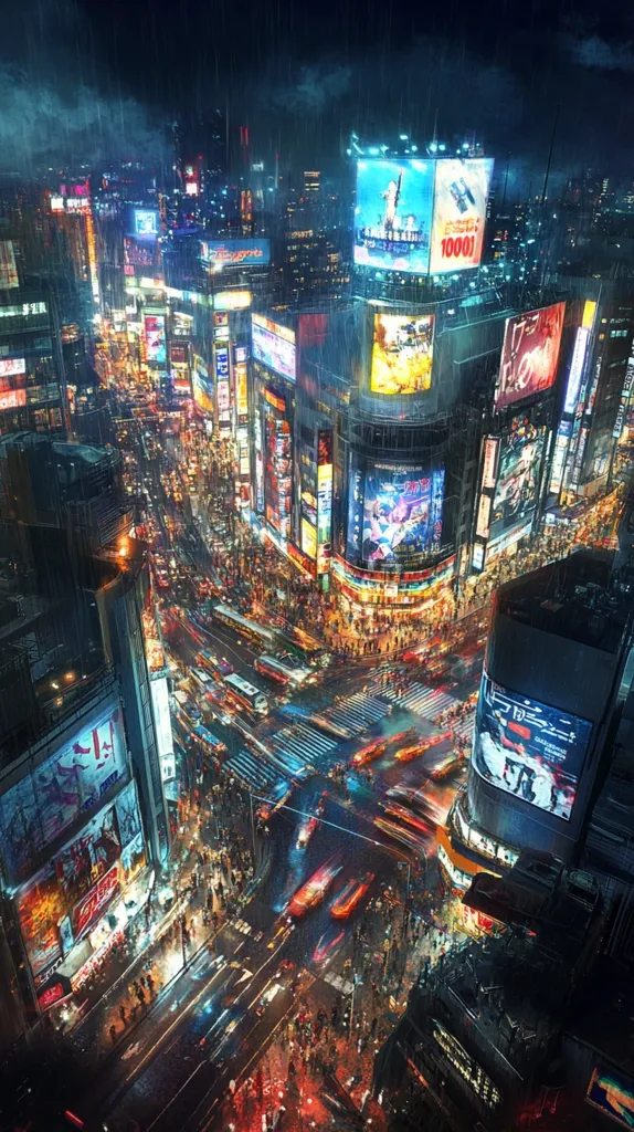 A high-angle night shot of a bustling city street, drenched in rain. Neon lights illuminate skyscrapers lined with towering billboards, creating a vibrant, futuristic atmosphere. Cars blur as they navigate the crowded intersections, while pedestrians swarm the sidewalks below. The city pulsates with energy, showcasing a captivating blend of technology and urban life.
