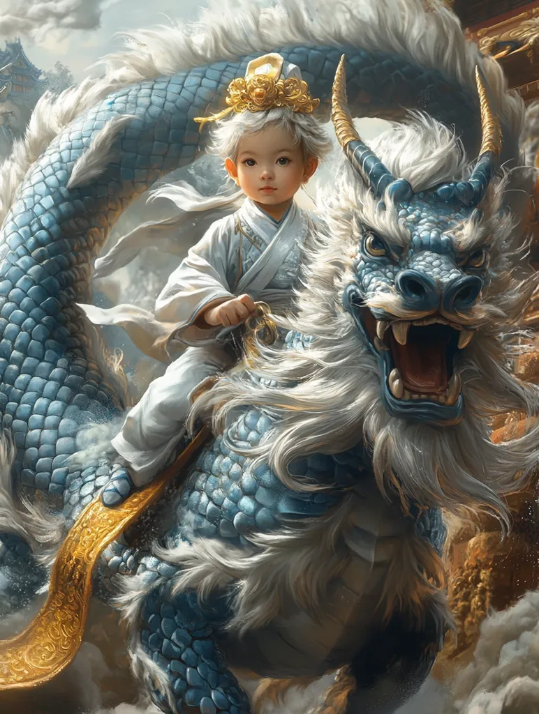 A young child, dressed in white robes and a golden crown, sits astride a large, blue dragon. The dragon has white fur and a fearsome, open mouth, but its expression is gentle. The child holds onto the dragon's mane and looks ahead with a serious expression. The background is a blurry mix of clouds and a building, creating a sense of motion and excitement.  The image suggests a fantastical world where humans and mythical creatures coexist.
