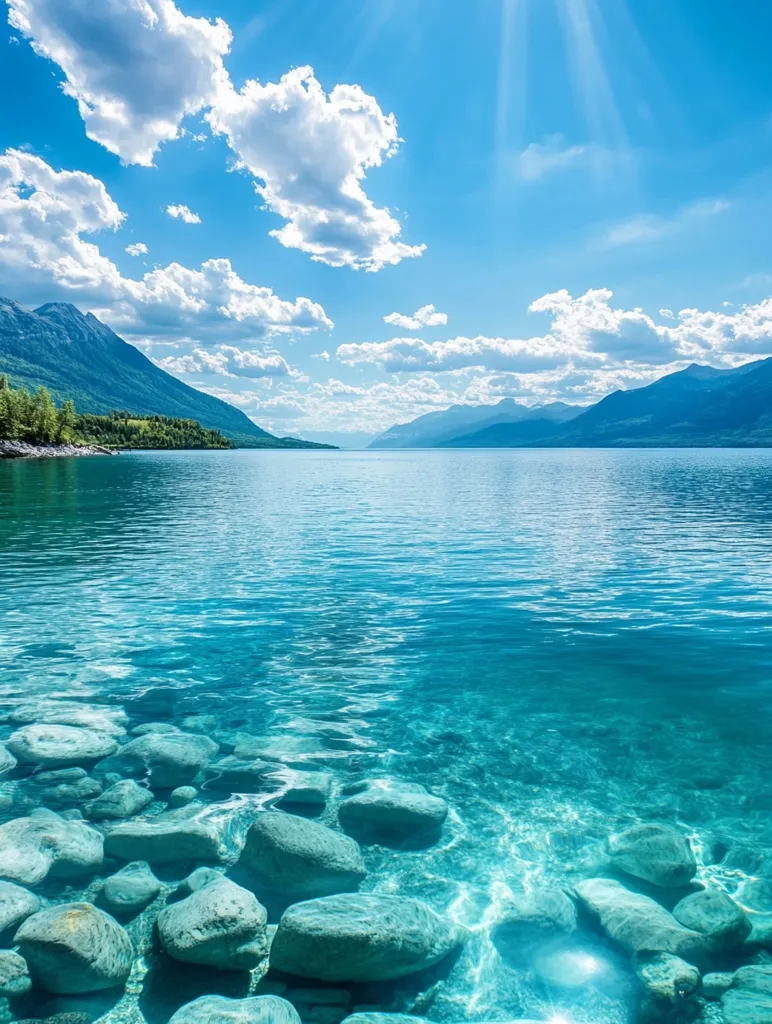 A serene landscape with a crystal-clear lake surrounded by lush green mountains. The water is so clear that the rocks on the lake bed are visible. The sky is a brilliant blue with fluffy white clouds and a sunbeam shining down on the lake. The overall scene evokes a sense of peace and tranquility.