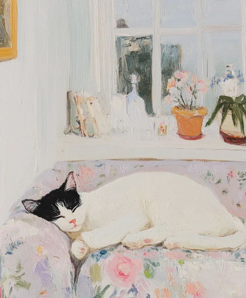 The painting depicts a white cat with black markings sleeping on a floral-patterned couch. The couch is in front of a window with a view of a garden.  A potted plant sits on a windowsill. The painting is done in a soft, impressionistic style.  The overall feel is serene and peaceful.  It is a cozy and inviting scene.
