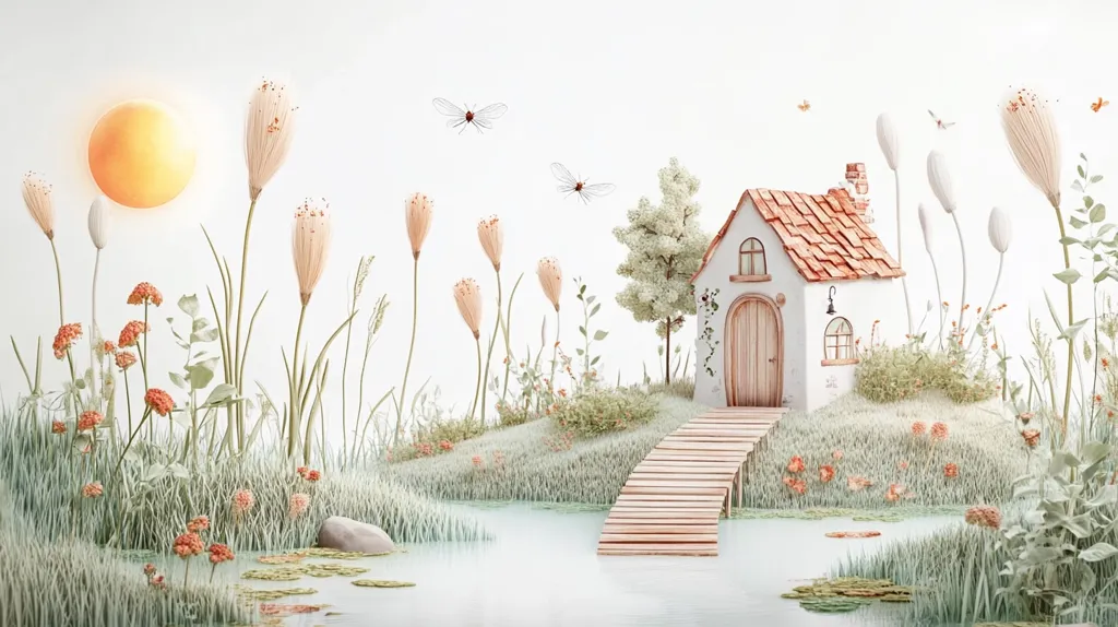 A small, white cottage with a red roof sits on an island surrounded by lush greenery and a sparkling pond. A wooden bridge leads from the island to the mainland, and a bright, yellow sun shines above. Delicate flowers and tall, feathery grasses add to the charming, whimsical scene.  Tiny dragonflies flutter in the sky.
