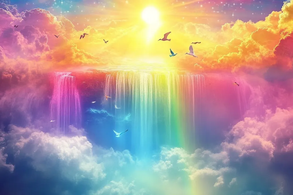 A majestic rainbow waterfall cascades from the clouds, creating a magical scene. The sky is filled with fluffy clouds and the bright sun shines down, casting a warm glow on the landscape. Several birds soar through the air, adding to the ethereal beauty of the scene. The vibrant colors and heavenly ambiance create a sense of wonder and tranquility.