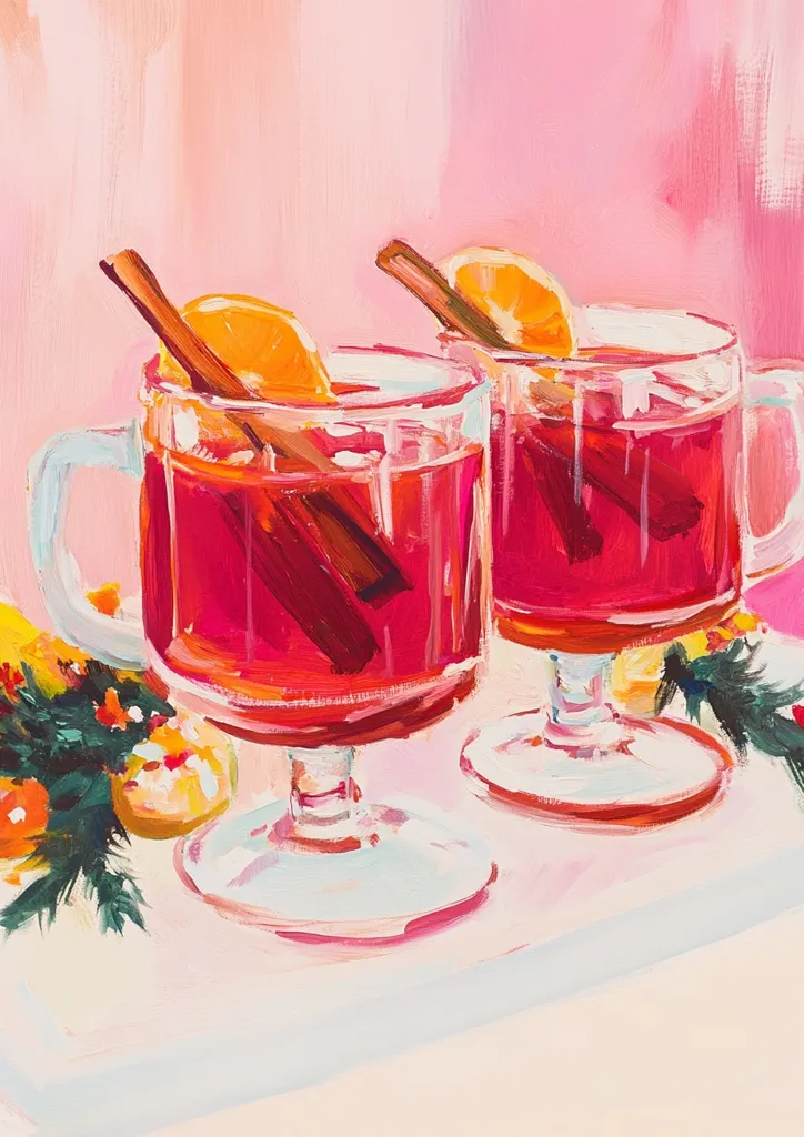 Two glasses of mulled wine with orange slices and cinnamon sticks on a pink background. The painting is done in a loose, impressionistic style with bold strokes and vibrant colors. The glasses are sitting on a white surface with sprigs of green foliage and orange slices scattered around. The overall effect is festive and inviting, suggesting a warm and cozy atmosphere.