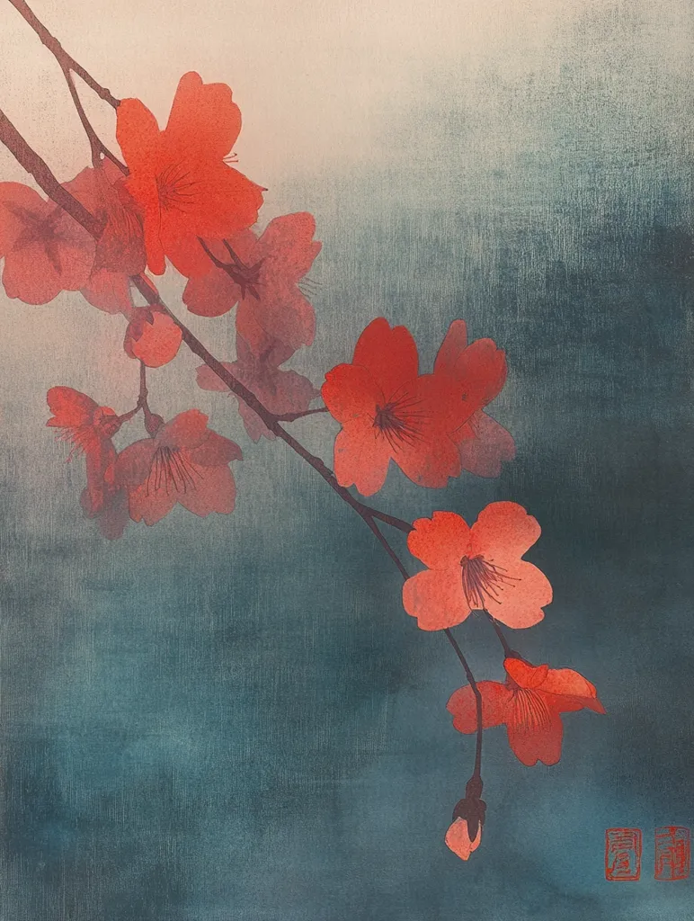 The image features a delicate branch of cherry blossoms, painted in a traditional Japanese style. The blossoms are a soft red, with a few buds still closed. The background is a deep blue with a hint of white, suggesting a misty or cloudy sky. The artwork evokes a sense of serenity and beauty, capturing the ephemeral nature of spring.