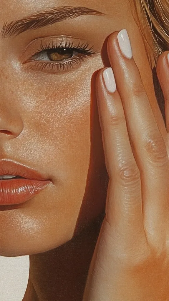 The image shows a close-up of a woman's face. Her right hand is covering part of her face, with her fingers visible. She has a warm, golden skin tone and her eye is open, looking directly at the viewer. Her lips are closed, and her eyebrows are defined. The overall effect is a soft and feminine look.