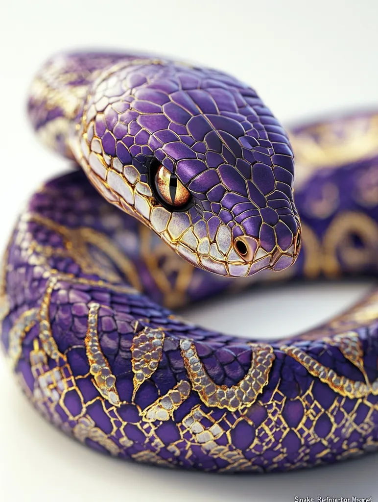 The image shows a close-up of a snake with vibrant purple scales and a golden sheen. Its head is raised, and its eye, a bright orange, is fixed on the viewer. The snake's scales are intricately detailed, highlighting its textured skin. The image captures the reptile's beauty and mesmerizing presence.