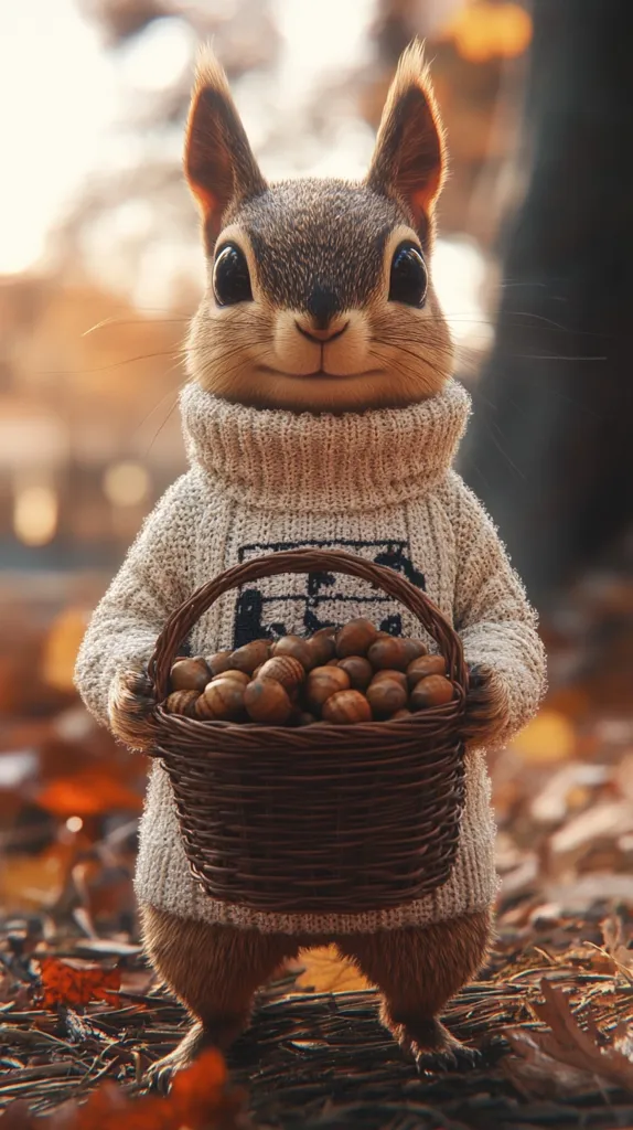 A squirrel wearing a knitted sweater and holding a basket full of acorns stands in a forest setting. It is looking directly at the camera with a sweet expression. The background is blurry and features autumn foliage. The squirrel's fur is brown and its eyes are dark. The basket is woven from natural materials and is full of acorns. The image evokes feelings of warmth and coziness.