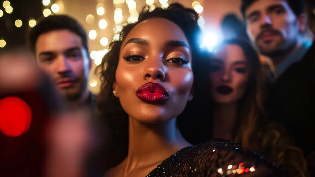 A woman with dark skin and bright red lipstick poses for a selfie, her face close to the camera. The woman has dark hair, and her eyes are looking at the camera. She is wearing a sparkly black top. Two people are in the background, out of focus. The image is lit with warm light and has a festive atmosphere.