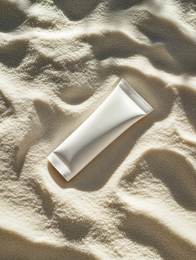 A white tube of sunscreen lotion lies on a bed of soft, white sand. The sand is textured and rippled, with patches of sunlight illuminating the scene. The tube is partially obscured by the sand, creating a sense of calm and relaxation. The image evokes feelings of summer, sun, and skincare.
