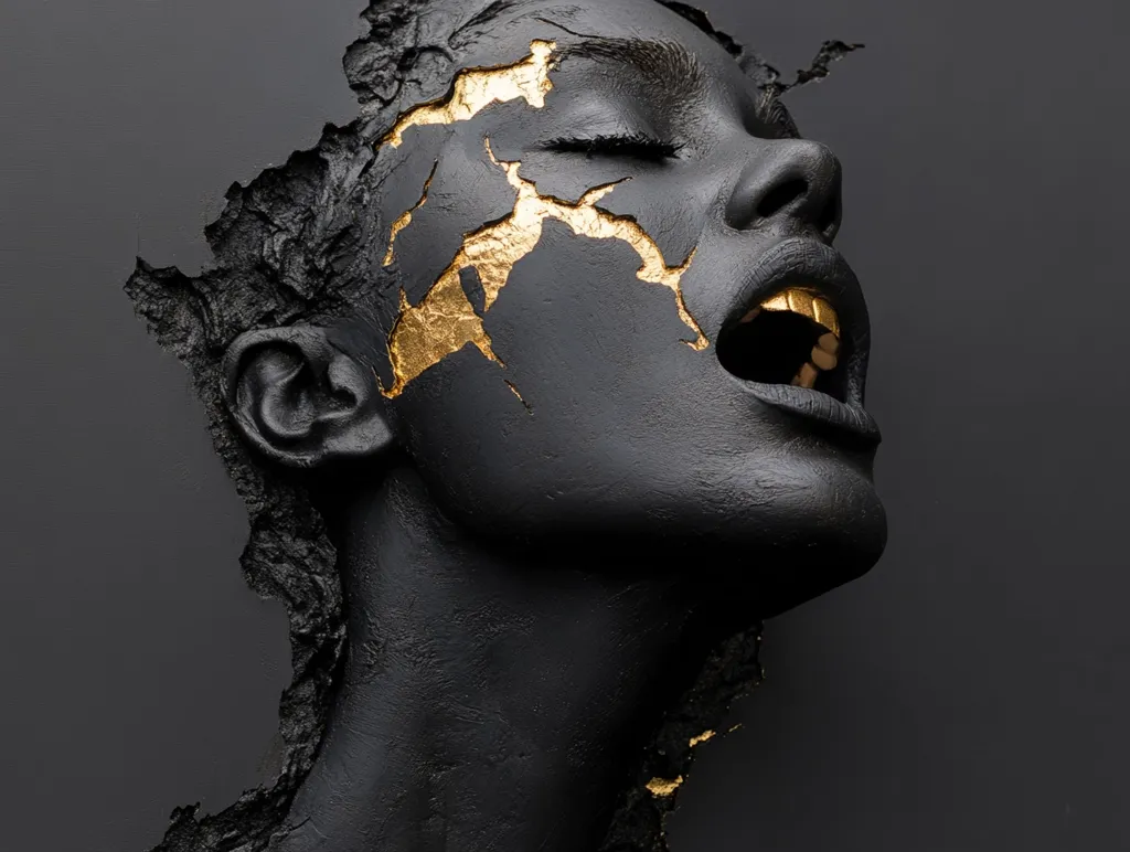 A black and gold portrait of a woman's face emerging from a cracked, black background. The woman's eyes are closed, and her mouth is open in a silent scream. The cracks on her face are filled with gold, symbolizing resilience and beauty amidst adversity.