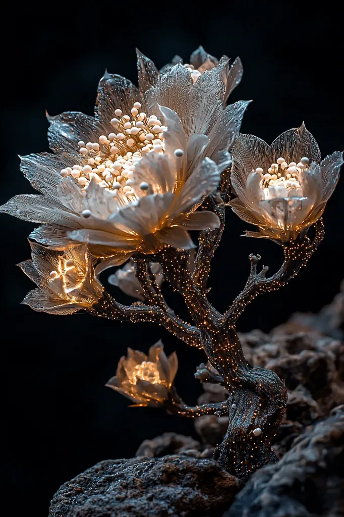 The image shows a close-up of a delicate, glowing plant. Its branches are covered in tiny white lights, and its blossoms are open, revealing a cluster of white orbs within. The plant is set against a dark background, creating a striking contrast. The light emanating from the plant gives it a magical, otherworldly quality.