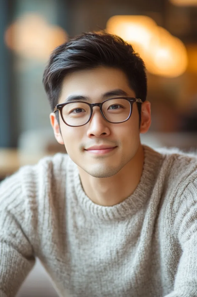 A young man with short black hair is wearing a light-colored sweater and glasses. He is looking at the camera with a slight smile. His face is relaxed and friendly. The background is blurred, suggesting an indoor setting.