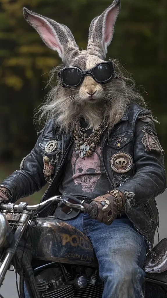 A rabbit wearing sunglasses, a leather jacket with skull patches, and a skull necklace sits on a vintage motorcycle. The rabbit has a serious expression and is looking straight ahead. The background is blurry, suggesting a sense of motion. The image is a humorous and surreal depiction of a rabbit as a biker.