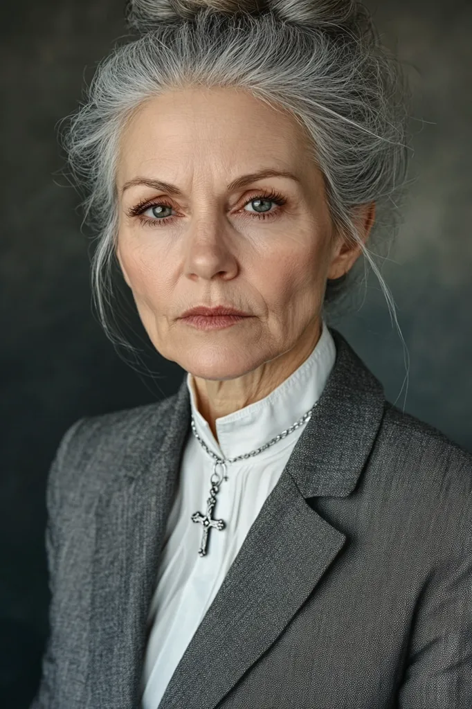 A woman with silver hair, wearing a grey blazer and a white shirt with a silver cross necklace, stares directly at the camera with a serious expression. Her grey hair is pulled back in a bun. She is wearing makeup, including eyeliner and eyeshadow, and her lips are lightly colored. The image has a muted color scheme and a soft focus, creating a mood of mystery.