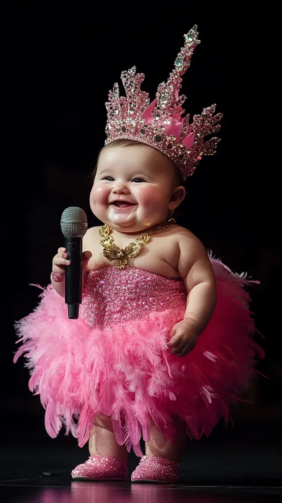 A young girl, adorned in a pink feathered dress and a sparkling tiara, holds a microphone. She has rosy cheeks and a wide, toothy smile, suggesting she is enjoying herself. The dark background and the spotlight on her emphasize her youthful charm.