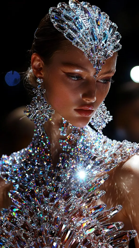 A woman is adorned in a dazzling ensemble of crystal jewelry. Her head is crowned with a large, intricate crystal headdress that resembles a crown. Matching crystal earrings dangle from her ears, and her shoulders and neck are covered in a shimmering crystal collar. The woman’s makeup is minimal, highlighting her natural beauty. The overall effect is one of opulence and grandeur.