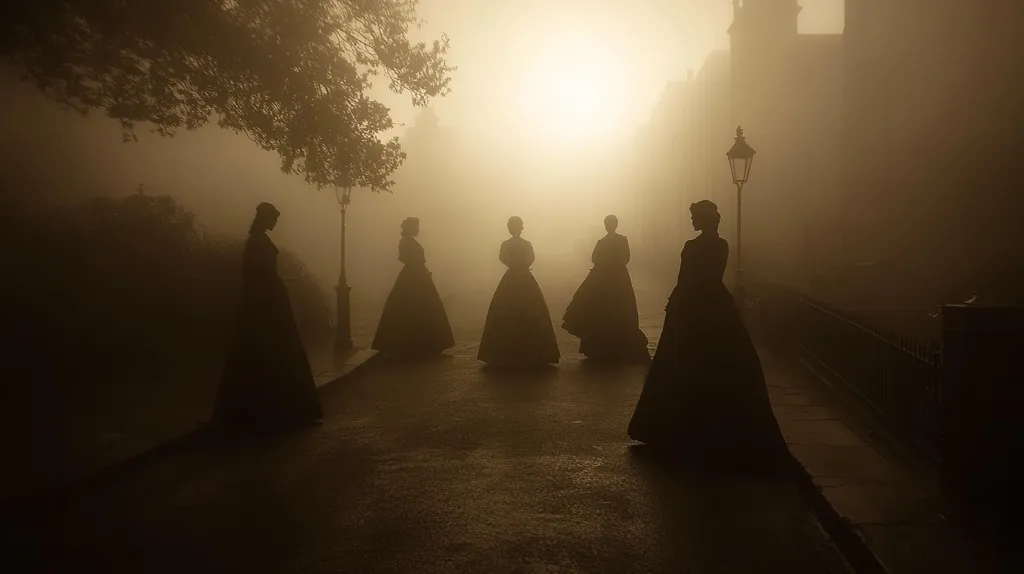 Five women, dressed in long, dark gowns, walk down a foggy cobblestone street. The street is lined with old buildings and lampposts. The sun peeks through the fog, casting a warm glow on the scene. The image creates a sense of mystery and intrigue.