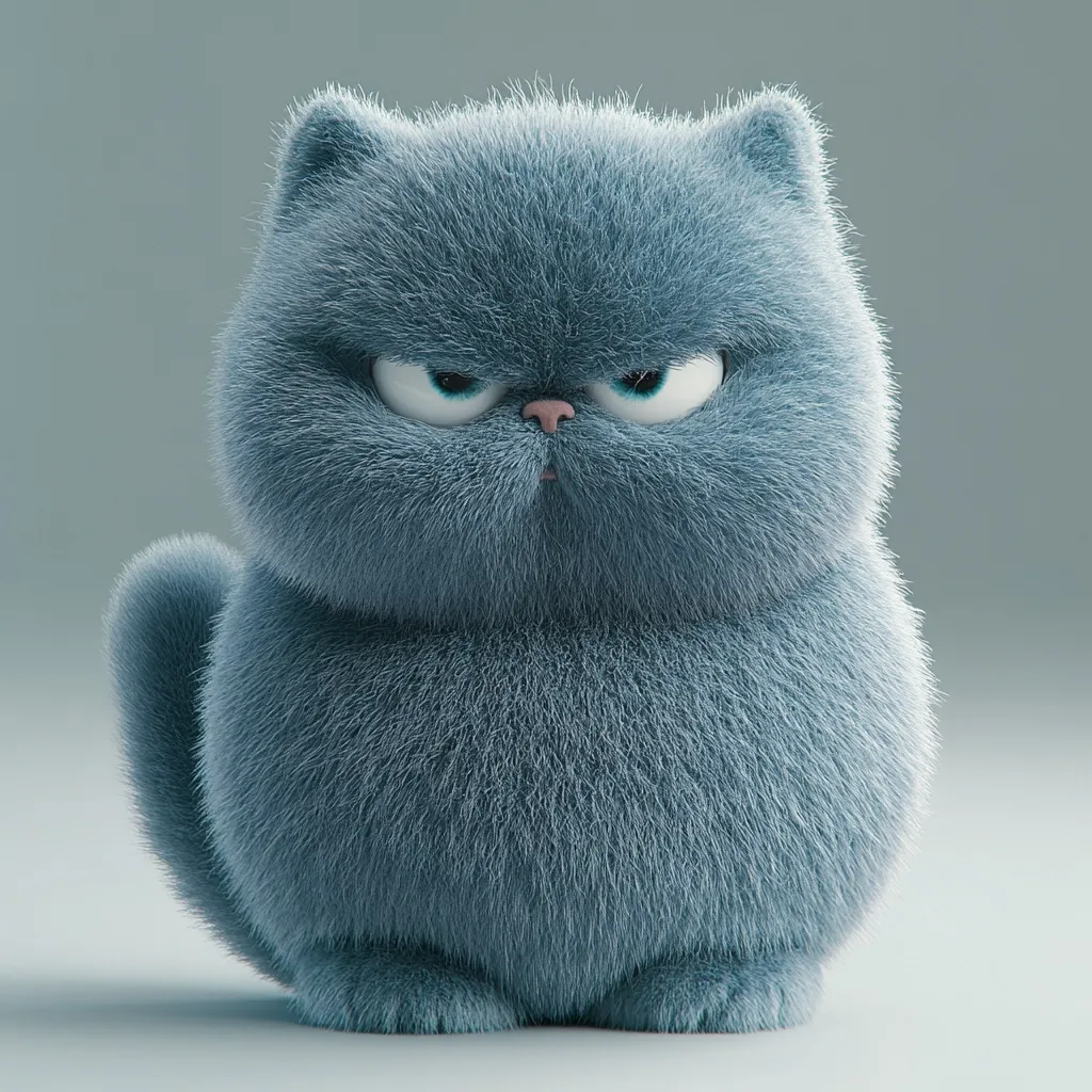 A fluffy, blue cat with a grumpy expression sits on a light gray background. Its large, round eyes are narrowed, and its mouth is slightly open, as if it is about to say something in a disapproving tone. The cat's fur is thick and soft, and it is very round in shape. The cat's tail is tucked behind its legs, and it appears to be in a contemplative mood. The image is created in a cartoonish style.