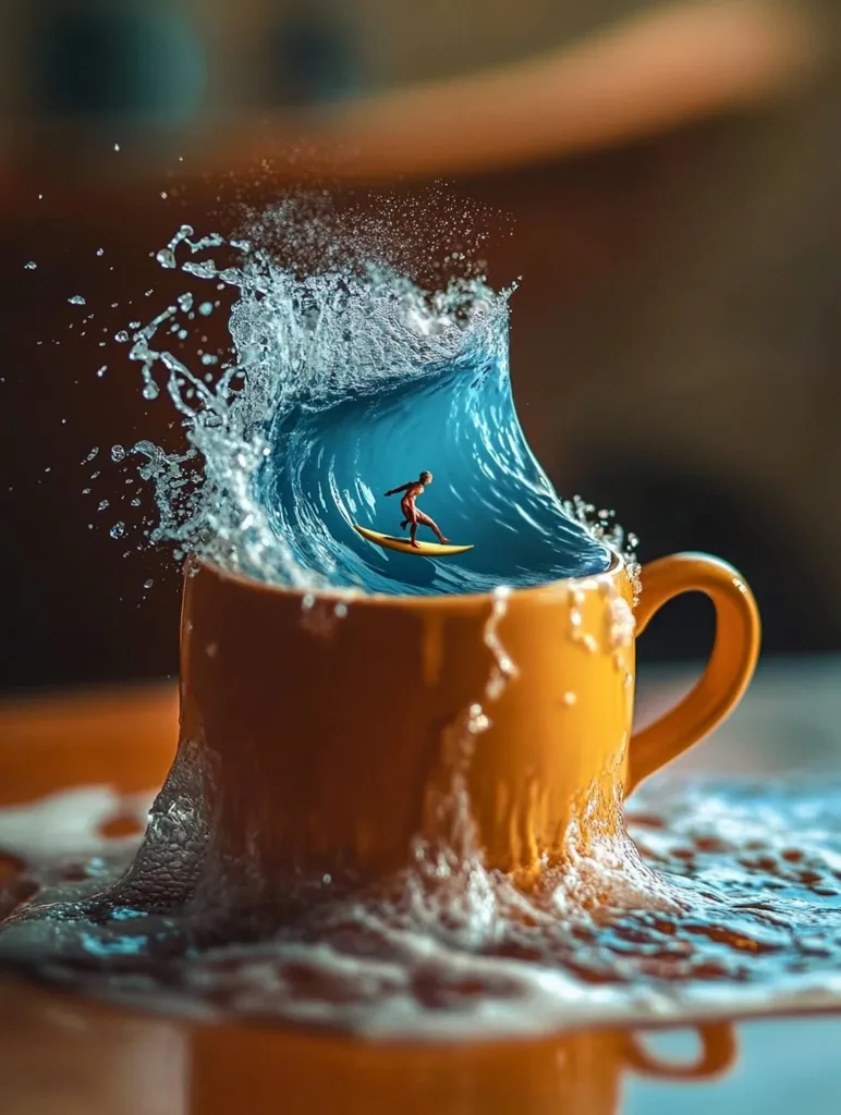 A yellow mug is filled with foamy water and a tiny wave. A tiny surfer rides the crest of the wave. The image is a playful take on the idea of finding adventure even in the mundane. The bright colors and playful composition create a sense of whimsy and joy.