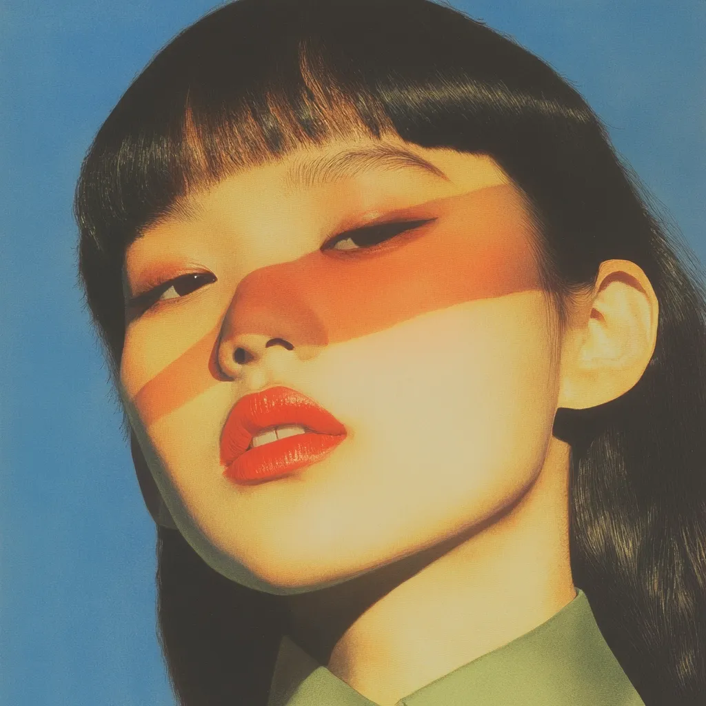 A young woman with long black hair and a fringe looks at the camera. She is wearing a green shirt. Her face is painted with orange and red horizontal stripes, and her lips are a bright red. The background is a blurred blue sky. The image has a vintage, retro feel.