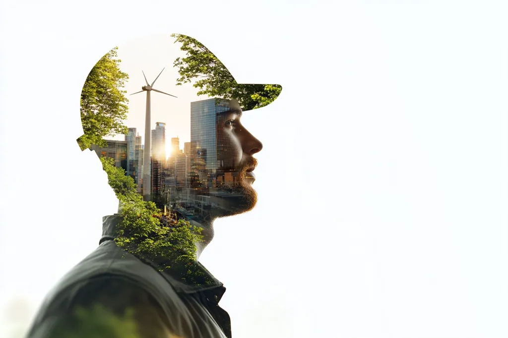 The image is a double exposure of a man wearing a cap with a cityscape and a wind turbine superimposed on his head. The cityscape appears to be filled with greenery and the man looks towards the right of the frame. The image evokes a sense of urban renewal and sustainability.