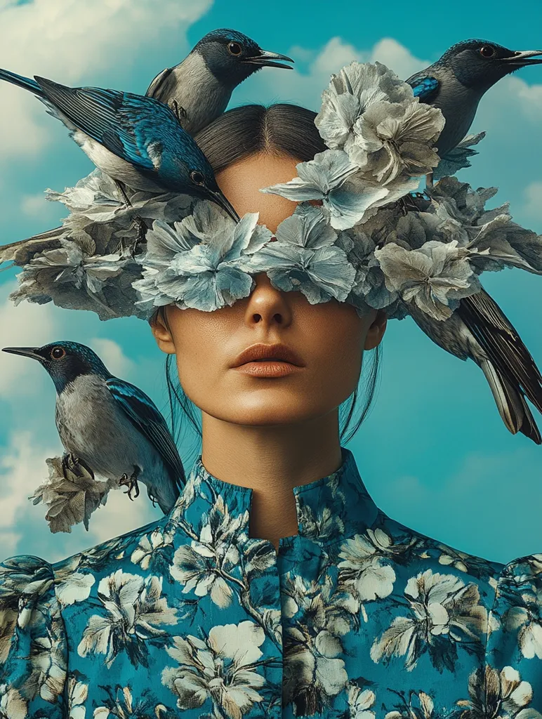 A woman with long dark hair wears a blue floral dress.  Her eyes are covered by a crown of light blue flowers.  Three blue birds perch on the flowers, two facing outwards and one facing inwards.  The background is a pale blue sky with white clouds.  The colors are muted, creating a soft and ethereal feeling.