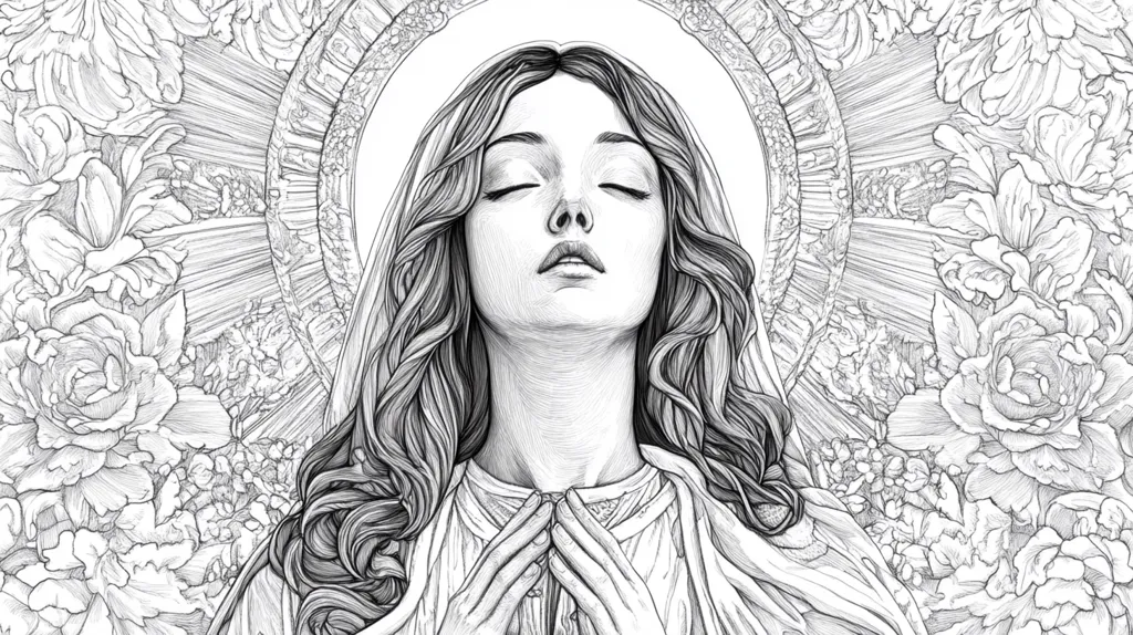 The image is a black and white drawing of a woman with long hair, wearing a robe, with her eyes closed and hands clasped in prayer. Her head is surrounded by a halo of light and delicate floral designs. She appears serene and peaceful, suggesting a religious or spiritual context.  The intricate detail in the drawing creates a sense of reverence and awe.
