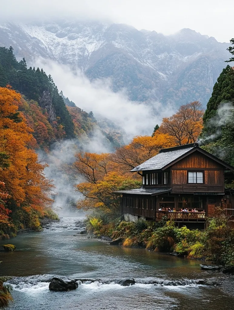A traditional Japanese house sits on the bank of a calm river, nestled among lush autumn foliage. The misty air adds a sense of tranquility, while snow-capped mountains rise majestically in the background. The scene evokes a peaceful and serene atmosphere, a perfect escape from the hustle and bustle of everyday life.
