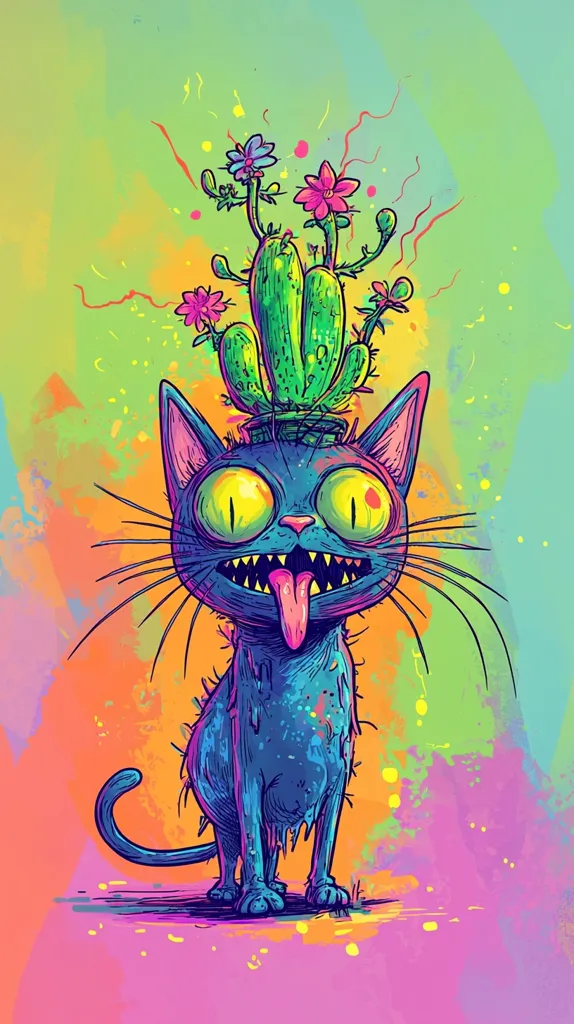 A cartoon cat with a bright blue body and large yellow eyes sits with a cactus potted on its head. The cactus has pink and blue flowers blooming on top, and the cat has its tongue out. It is set against a colorful background with splashes of yellow, orange, green, pink, and purple. The image is drawn in a cartoon style.