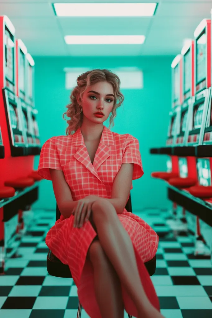 A young woman with long blonde hair and red lipstick sits on a black stool in front of a row of slot machines. She wears a bright pink and white checked dress. The walls are a vibrant turquoise and the floor is a black and white checkerboard. The scene is lit with a cool, neon glow.  The image evokes a sense of retro style and nostalgia.