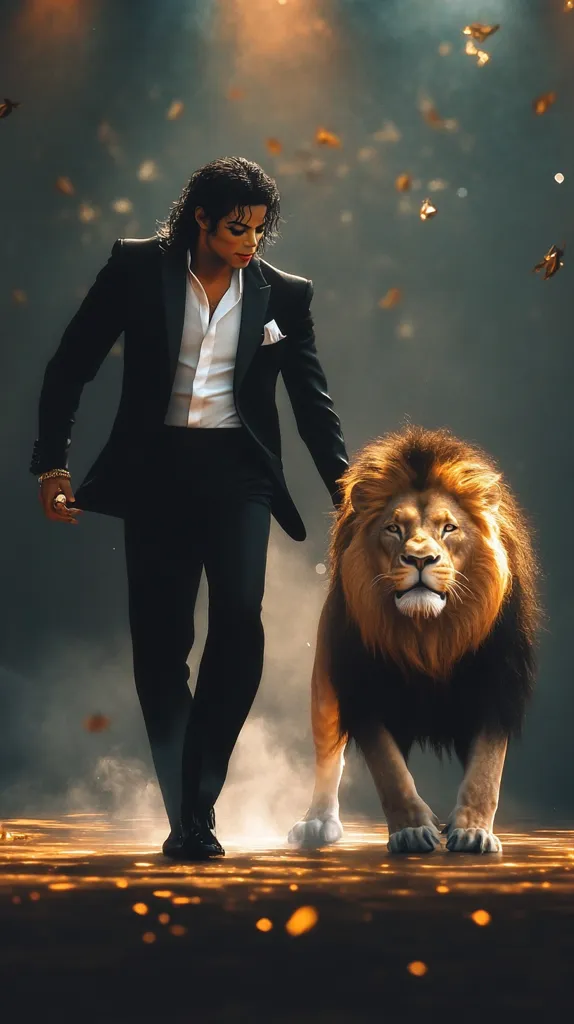 A man in a black suit, with slicked-back hair, stands beside a majestic lion. They are both walking towards the camera, their paths illuminated by a soft, warm light. The man's confident expression and the lion's intense gaze create a powerful and intriguing image. The background is blurred, suggesting a sense of movement and dynamism.  A faint golden haze adds an ethereal quality to the scene.  The overall effect is one of strength, power, and mystery.