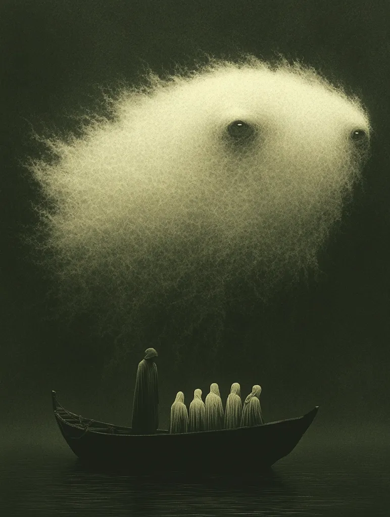 A group of cloaked figures in a long, narrow boat are rowing across a dark, still lake. A large, hazy, white form with eyes is floating above them, its presence looming and ominous. The scene is shrouded in a greenish, ethereal light, creating a sense of mystery and unease.