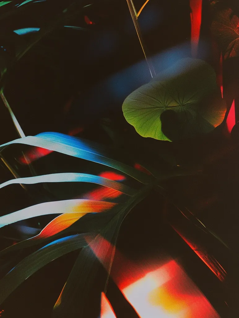 The image is a close-up of tropical foliage with vibrant colors.  The leaves are dark green, with hints of blue and red.  The leaves create a sense of depth and mystery, as if the viewer is looking into a dense jungle. The vibrant colors and light create a sense of energy and life. The image is full of abstract shapes and patterns, with a strong visual impact. The overall effect is striking and mysterious, drawing the viewer in to explore the details.