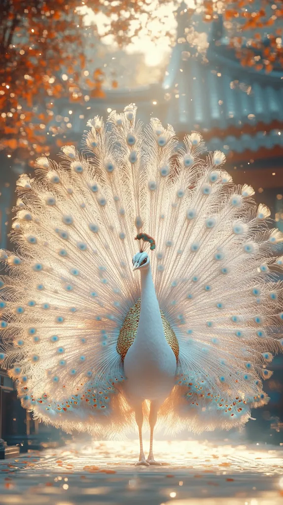 A white peacock with a golden shimmer stands proudly on a pathway, its tail feathers spread wide in a dazzling display. The sun shines through its delicate, iridescent plumes, casting a warm glow on the scene.  A soft, ethereal background of out-of-focus trees and leaves adds to the magical ambiance. The peacock's elegant posture and radiant plumage create a captivating image of beauty and grace.