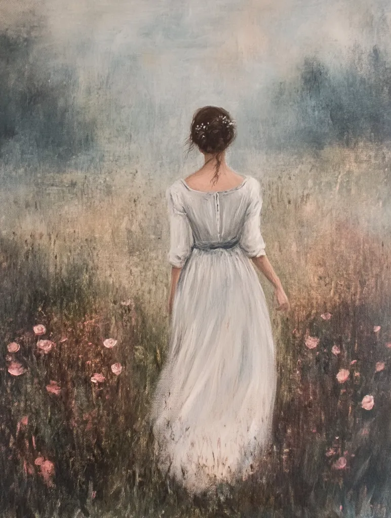 The painting depicts a woman in a white dress walking through a field of wildflowers. The background is hazy and indistinct, suggesting a dreamy or ethereal atmosphere. The woman's long hair is pulled back, and her dress flows around her as she walks. The pale colors and soft brushstrokes contribute to the painting's tranquil and romantic mood.
