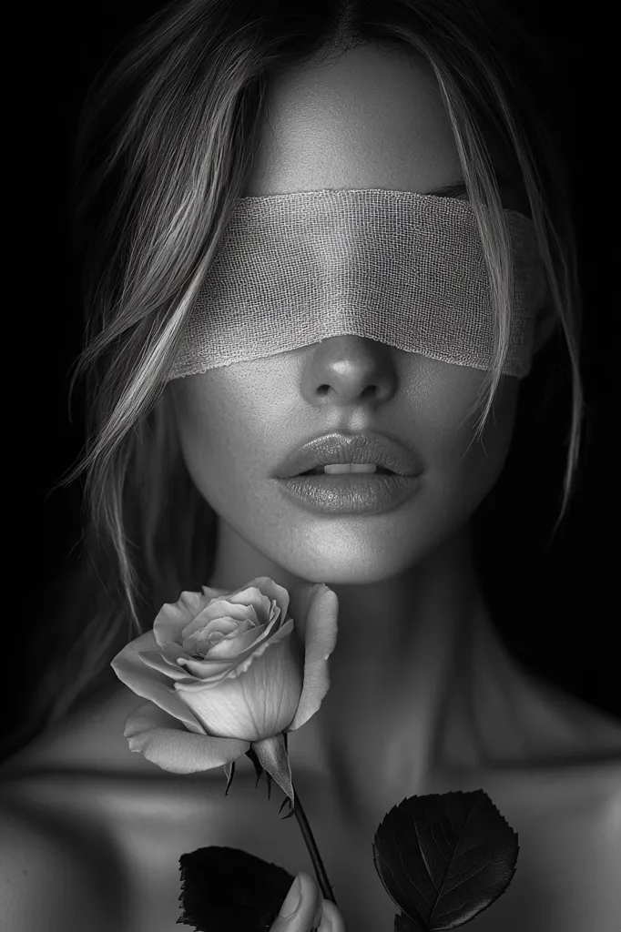 A black and white portrait of a woman with her eyes covered by a thin, white cloth. Her expression is subtle, and her lips are slightly parted. She holds a single rose in her hand, its petals soft and delicate. The image conveys a sense of mystery and intrigue.