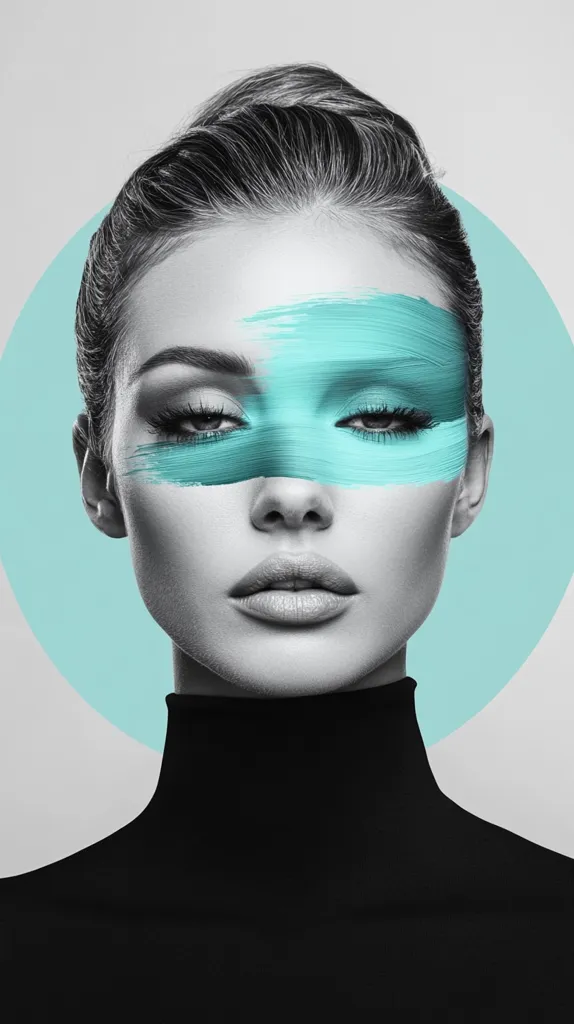 A woman with short dark hair and a black turtleneck stares directly at the camera. Her eyes are outlined with thick black eyeliner and her face is partially obscured by a bright turquoise brushstroke across her forehead and eyes.  A large turquoise circle surrounds her head, which is set against a stark white background.  The image is a study in contrasts: dark and light, bold and minimal, and colorful and black and white.