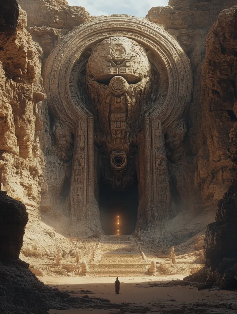 A lone figure stands in a desolate landscape, gazing upon a towering stone archway. The archway, carved with intricate patterns, leads to a dark, mysterious passage. The surrounding landscape is a mix of weathered rock formations and sandy plains, creating an atmosphere of ancient power and wonder. The figure's small stature highlights the immense scale of the archway and the vastness of the surrounding environment.  The image evokes a sense of isolation, curiosity, and the unknown.