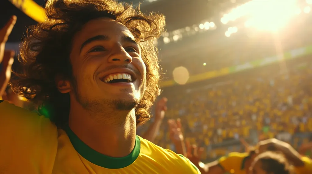 A young man with curly brown hair, wearing a yellow and green jersey, laughs excitedly as he stands in a packed stadium, surrounded by cheering fans. The sunlight shines brightly in the background, illuminating the vibrant yellow and green of the jerseys.  The atmosphere is electric with joy and excitement.
